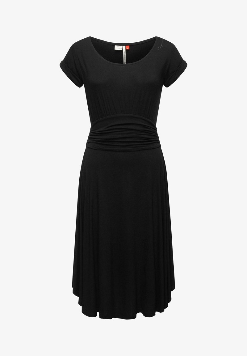 Schwarzes Kleid aus weichem Stoff. Kurzärmlig, mit Rundhalsausschnitt, geraffter Taille und fließendem Rock mit glatter Textur. Keine Muster oder Akzente.