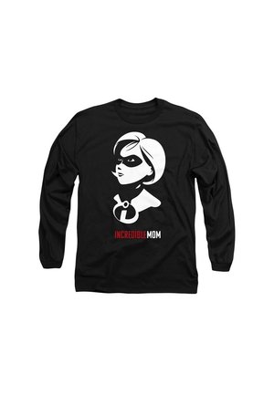 Schwarzes Langarm-T-Shirt mit einem weißen Grafikmotiv einer maskierten Frauenfigur und dem Text "INCREDIBLE MOM" in Rot.