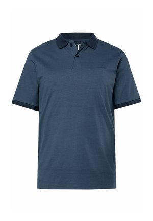 Marineblaues Polohemd, kurze Ärmel, strukturierter Stoff, Kragen mit zwei Knöpfen, kontrastreiche dunkelblaue Akzente am Kragen und an den Ärmeln.