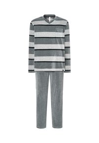 Camiseta de manga larga a rayas en gris y gris claro con escote en V y bolsillo, combinada con pantalones de pijama gris sólido, con cintura elástica. Tejido suave.