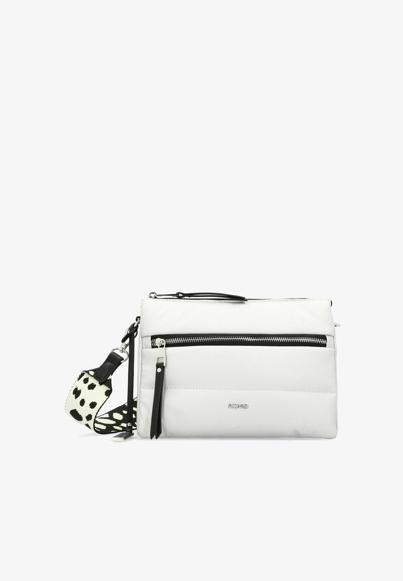 White nylon crossbody bag with a zippered front pocket, black accents, and a patterned strap featuring black dots on white.