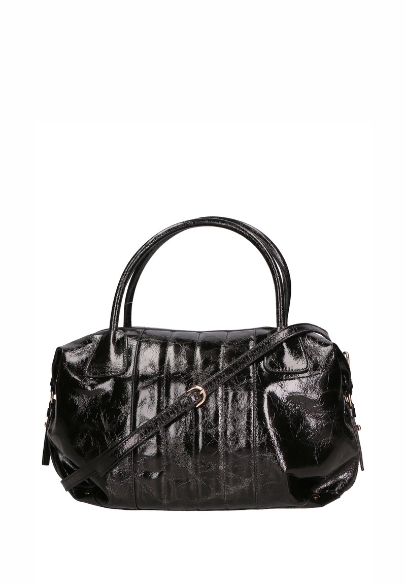 Borsa a mano in pelle verniciata nera con doppi manici e una tracolla removibile. Presenta una finitura testurizzata e una forma strutturata senza pattern visibili.