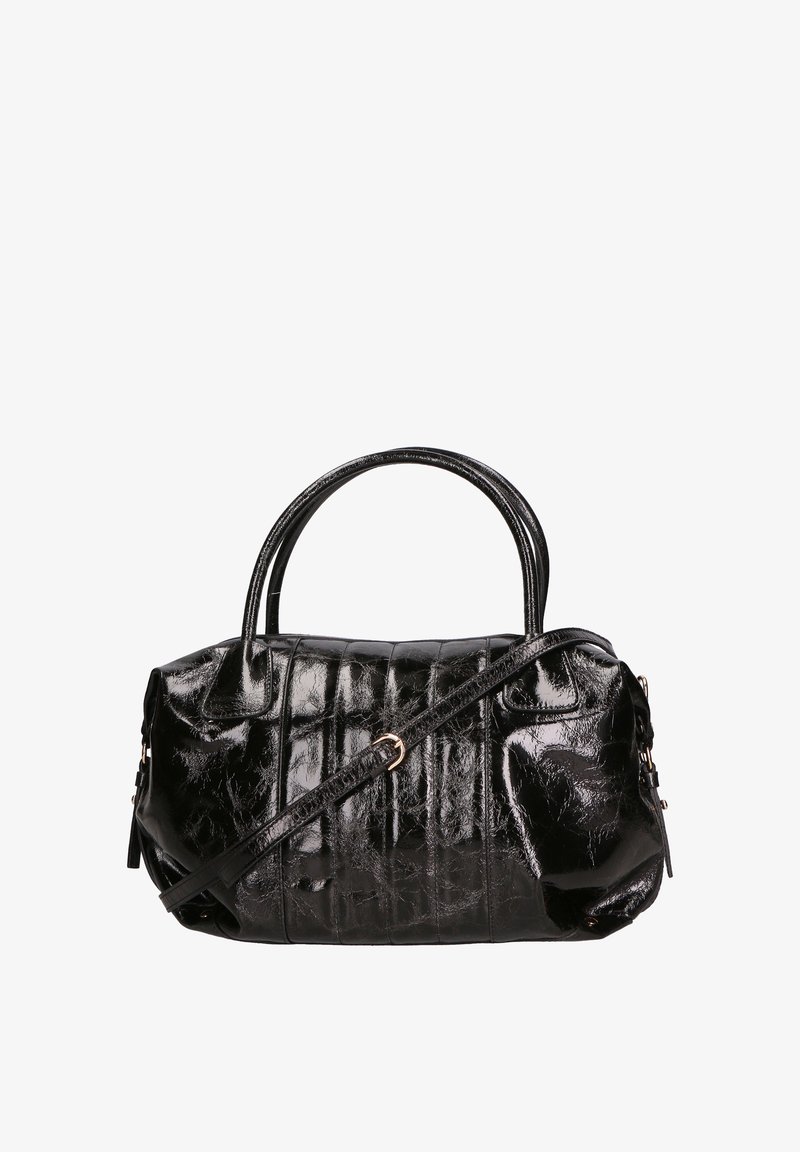 Borsa a mano in pelle verniciata nera con doppi manici e una tracolla removibile. Presenta una finitura testurizzata e una forma strutturata senza pattern visibili.