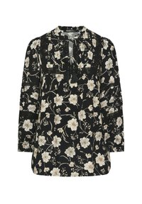 Blusa nera a maniche lunghe con un motivo floreale in crema e beige, con scollatura rotonda, dettaglio con fiocco e sottili accenti in pizzo.