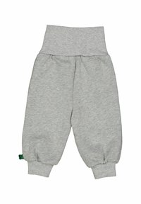 Šedé bavlněné jogger kalhoty s širokým žebrovaným pasem, elastickými manžetami a malým zeleným akcentem blízko lemu.