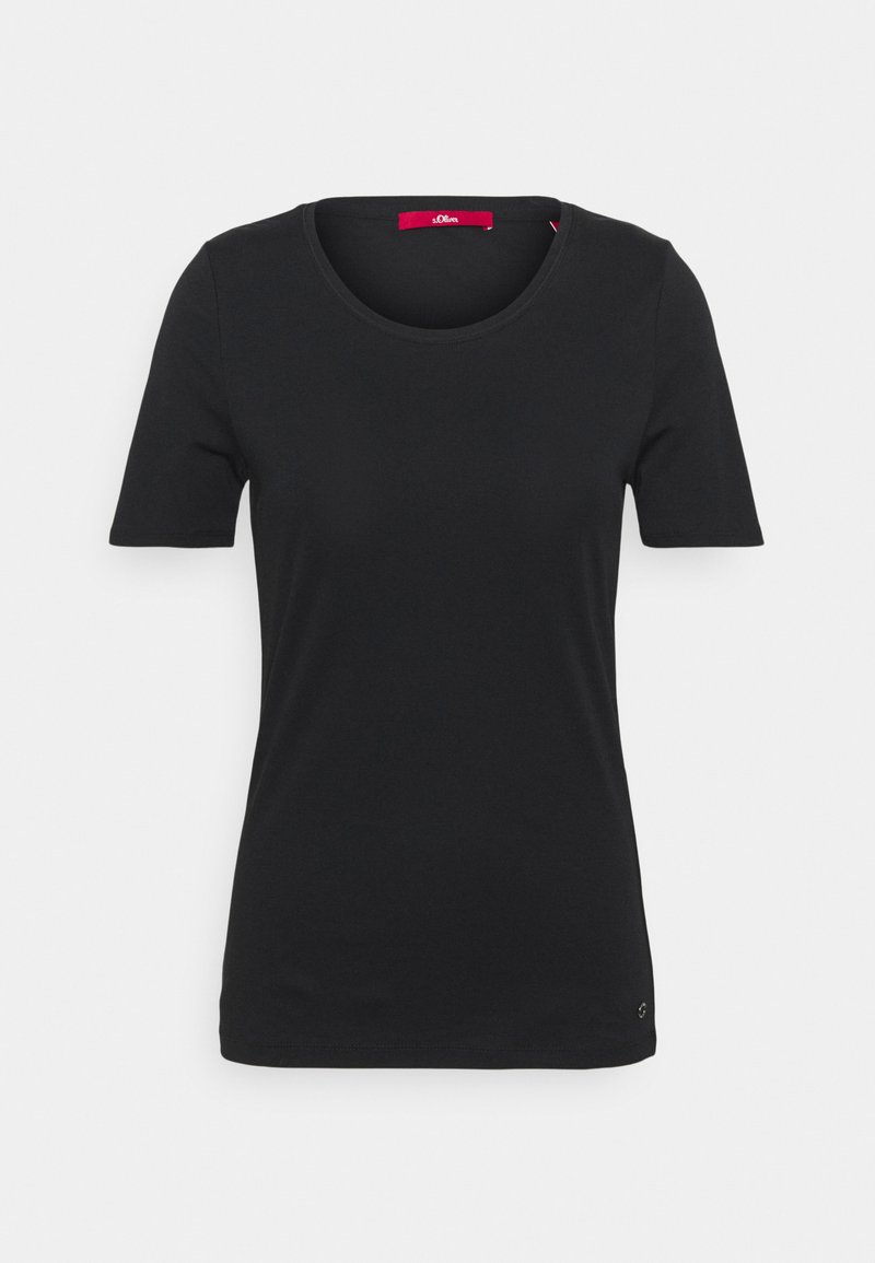 Schwarzes T-Shirt mit kurzen Ärmeln und rundem Ausschnitt. Aus glattem Stoff gefertigt, mit minimalen Details und einem kleinen Logo am Saum.