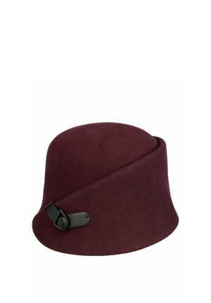 Dark burgundy cloche hat with a folded design and black leather strap detail on the side, made of soft felt material.