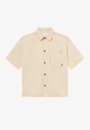 Short-sleeve beige shirt made of cotton with a collared neckline, front button closure, single chest pocket, and contrasting stitching details.
