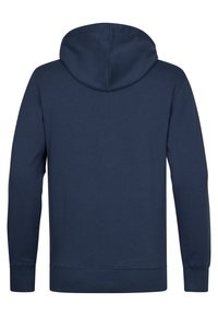Sudadera azul marino de tela suave, con capucha circular, mangas largas y dobladillo y puños de canalé. La vista trasera no muestra gráficos.