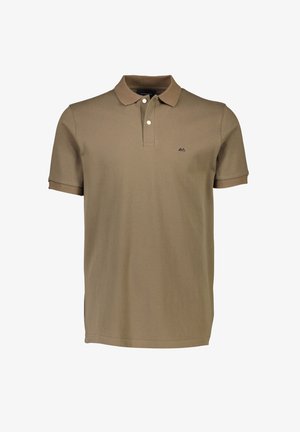 Brown polo shirt made of smooth cotton fabric, featuring a collar, short sleeves, two buttons at the neckline, and a small logo on the chest.