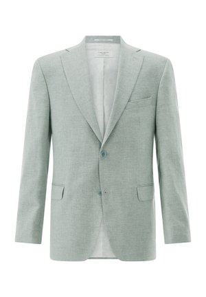 Hellgrauer Herrenblazer mit zwei Knöpfen, Revers mit Kerbkragen und drei Vordertaschen, frontseitig auf weißem Hintergrund dargestellt.