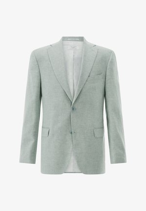 Hellgrauer Herrenblazer mit zwei Knöpfen, Revers mit Kerbkragen und drei Vordertaschen, frontseitig auf weißem Hintergrund dargestellt.