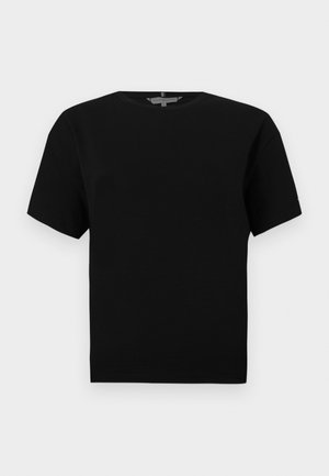 Sort T-shirt med korte ærmer og rund hals, lige kant og et lille stofflabel inde i kraven.