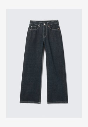 Dark blue wide-leg jeans made of denim, featuring a button and zipper closure, five pockets, and contrasting stitching details.