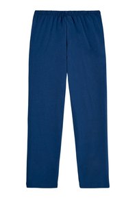 Navy blue, elastic-waist, straight-leg pants made of soft cotton fabric, with a smooth texture and minimal detailing.