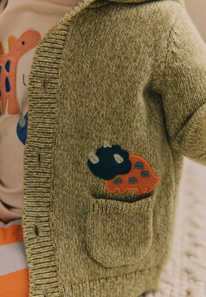 Cardigan tricoté vert avec un motif texturé. Comprend une poche avec un dessin de dinosaure brodé en orange et accents bleus.