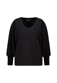 Zwarte blouse van zacht materiaal, met een V-hals, geplooide lange mouwen en een losse pasvorm. Eenvoudig ontwerp zonder patronen of versieringen.