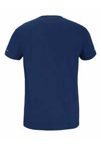T-shirt blu navy a maniche corte realizzato in tessuto morbido, con scollo rotondo e un design semplice con un piccolo logo sulla manica sinistra.