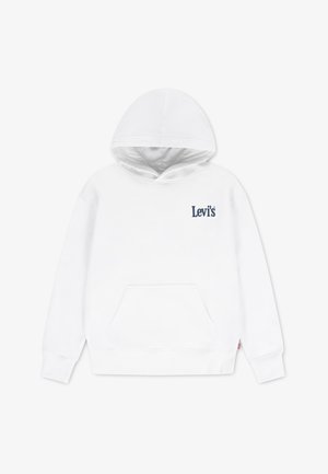 Valge kapuutsiga pusa, valmistatud puuvilla segust kangast, millel on paelakinnitusega kapuuts, eesmine kengurutasku ja rinnal tumesinine "Levi's" logo.