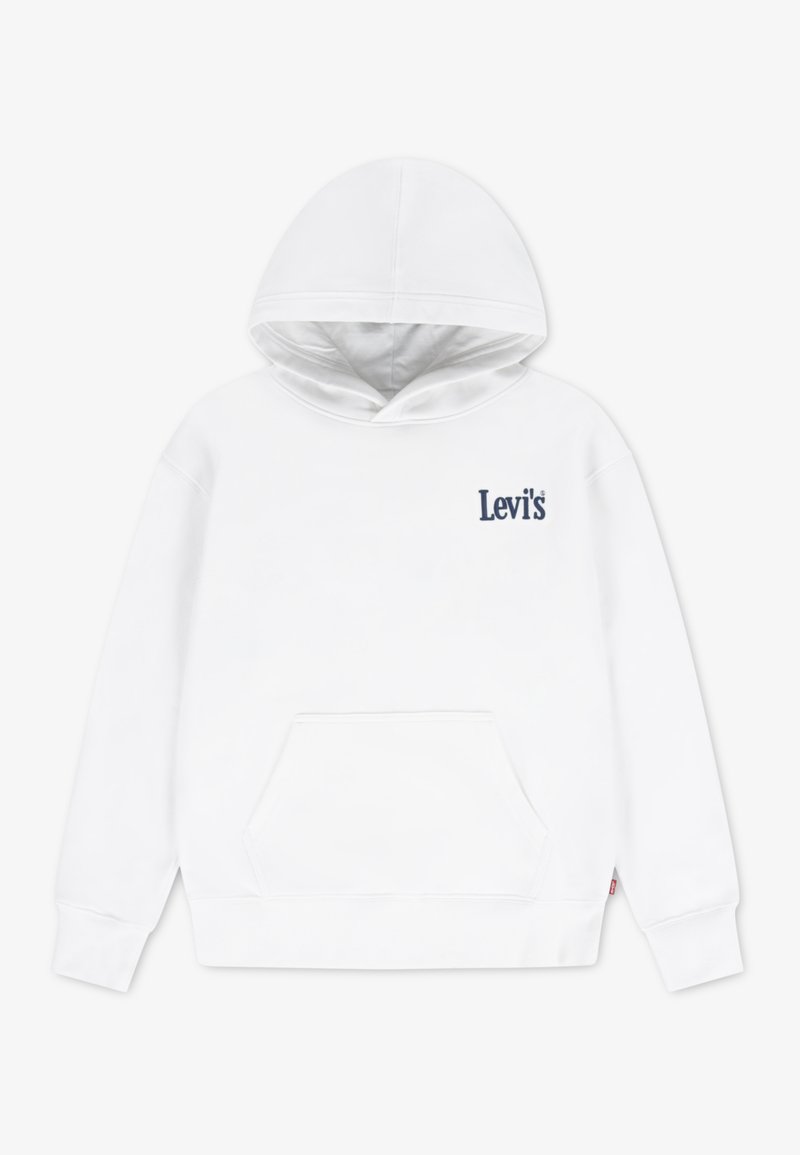 Λευκό φούτερ με κουκούλα από ύφασμα με μείγμα βαμβακιού, με κουκούλα με κορδόνι, μπροστινή τσέπη τύπου καγκουρό και λογότυπο "Levi's" σε ναυτικό χρώμα στο στήθος.