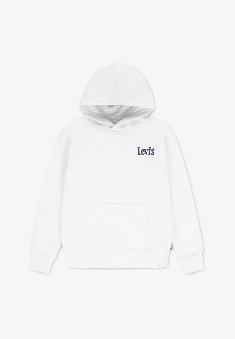 Λευκό φούτερ με κουκούλα από ύφασμα με μείγμα βαμβακιού, με κουκούλα με κορδόνι, μπροστινή τσέπη τύπου καγκουρό και λογότυπο "Levi's" σε ναυτικό χρώμα στο στήθος.