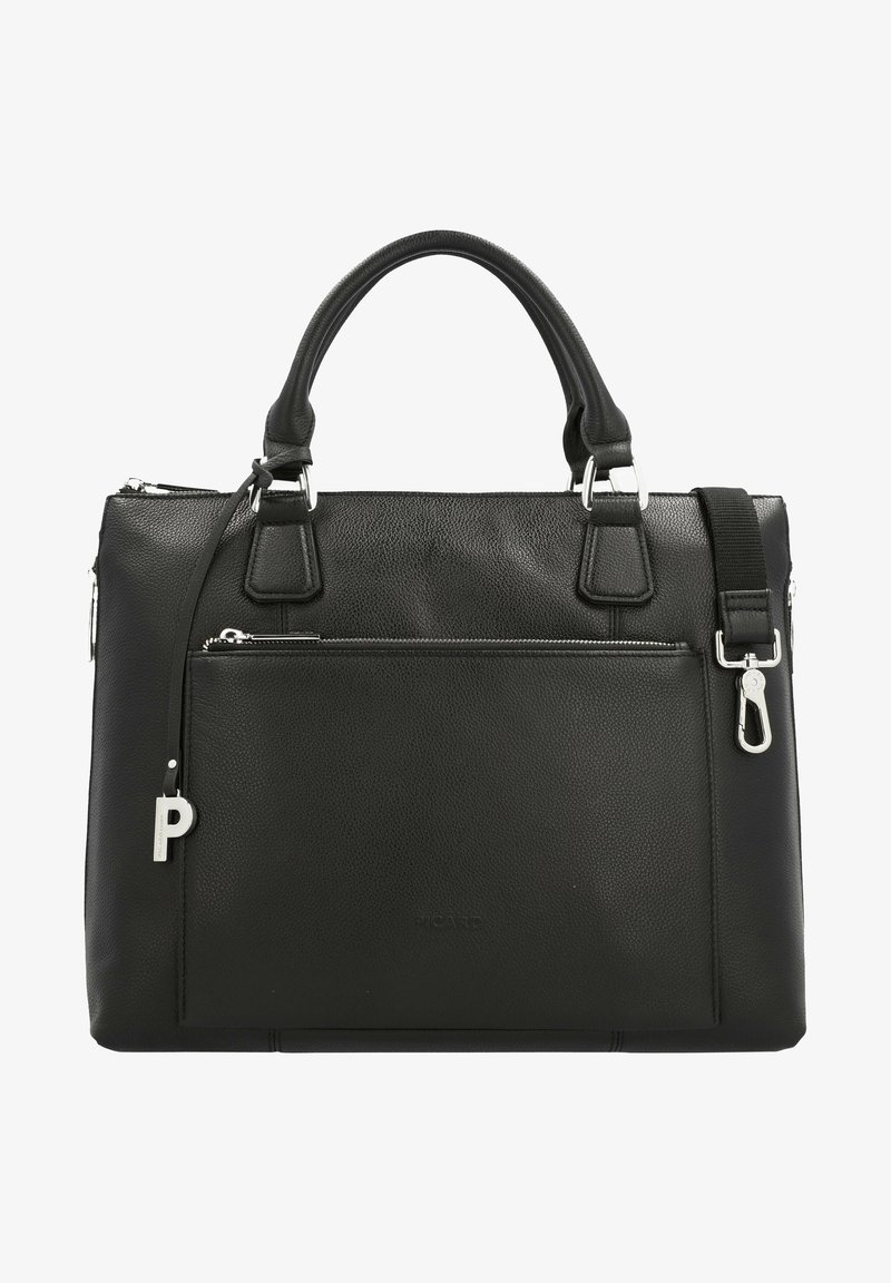 Sac à main en cuir noir avec un design structuré, des poignées doubles, une bandoulière ajustable et une poche zippée à l'avant. Accent en métal argenté.
