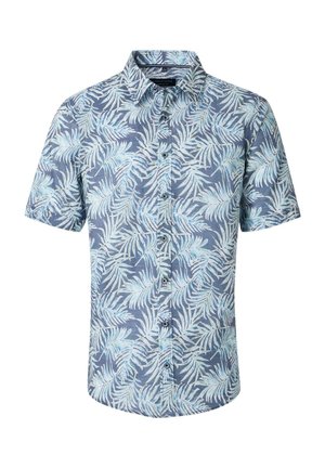 Kurzarmhemd aus leichtem Stoff, mit einem blauen Hintergrund und weißen sowie hellblauen Blattmustern, mit Knopfverschluss vorne.