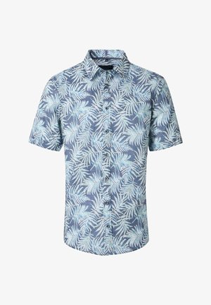 Kurzarmhemd aus leichtem Stoff, mit einem blauen Hintergrund und weißen sowie hellblauen Blattmustern, mit Knopfverschluss vorne.