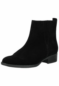 Bottine noire en suède avec un talon rectangulaire fin, des panneaux latéraux élastiques et un minimum de détails de couture. Surface lisse avec une finition mate.