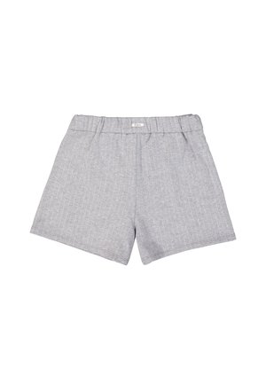 Grå shorts i ribstrikket stof med elastisk taljebånd og et lille mærke midt på ryggen.