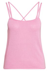 Camicetta in maglia rosa con spalline incrociate sottili. Texture morbida e silhouette aderente. Nessun altro motivo o dettaglio hardware visibile.