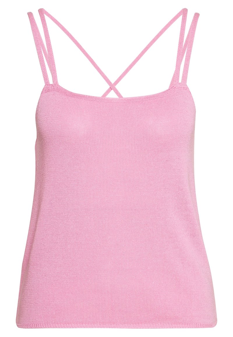 Camicetta in maglia rosa con spalline incrociate sottili. Texture morbida e silhouette aderente. Nessun altro motivo o dettaglio hardware visibile.