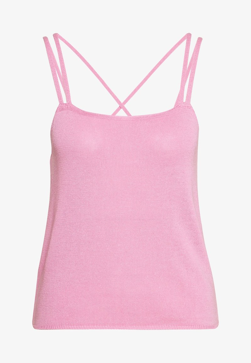 Camicetta in maglia rosa con spalline incrociate sottili. Texture morbida e silhouette aderente. Nessun altro motivo o dettaglio hardware visibile.