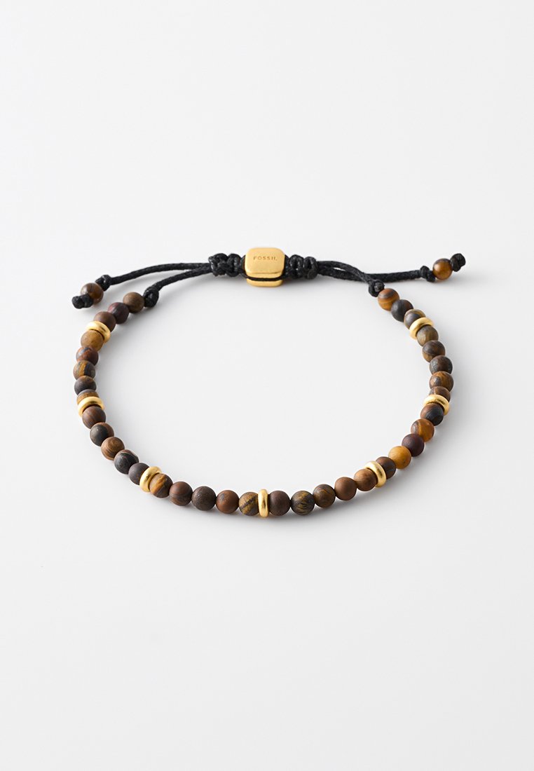 Bracelet composé de perles rondes marron et jaunes avec un cordon noir ajustable ; présente un accent matériel rectangulaire en or.