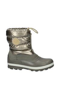 Wasserfeste Stiefel mit einem metallischen Oliven-Obermaterial, gestepptem Muster um den Schaft und gummierter Sohle mit Profil. Mit einem Kordelzugverschluss ausgestattet.