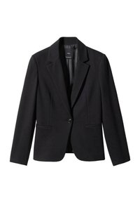 Blazer noir en tissu lisse, avec un col cranté, une fermeture à un bouton et deux poches devant. Coupe ajustée avec manches longues.