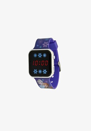 Montre en silicone violet avec des motifs de flocons de neige, dotée d'un cadran numérique noir affichant des chiffres rouges et des images de personnages.
