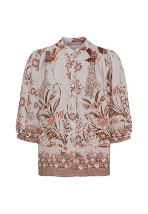 Lysegrå bluse med pink og brun blomstret og fugleprint, puffede trekvart-ærmer, knaplukning foran og mønstrede manchetter og kant.