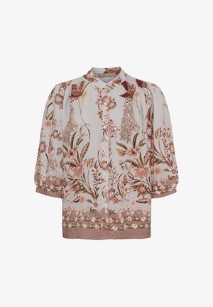 Lysegrå bluse med pink og brun blomstret og fugleprint, puffede trekvart-ærmer, knaplukning foran og mønstrede manchetter og kant.