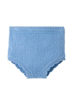 Mäkké modré pletené detské bloomers s rebrovaným pásom a otvorom na nohy, navrhnuté pre pohodlie a teplo.