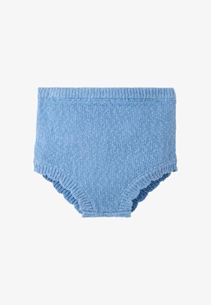 Mäkké modré pletené detské bloomers s rebrovaným pásom a otvorom na nohy, navrhnuté pre pohodlie a teplo.