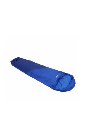 Saco de dormir estilo momia azul con capucha, ligeramente abierto en la parte superior, diseñado para uso en campamentos al aire libre.