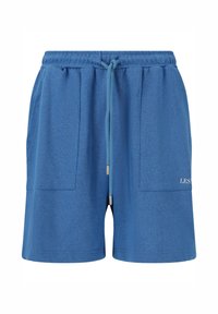 Siniset puuvillasekoitushousut, joissa on joustava vyötärönauha, kiristysnauha, kaksi etutaskua ja painettu logo alaoikealla puolella.