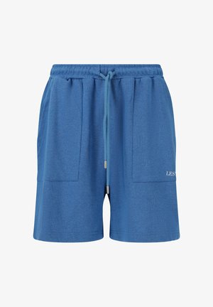 Blå shorts i bomuldsblanding med elastik i taljen, snøre, to forlommer og et trykt logo på nederste højre side.