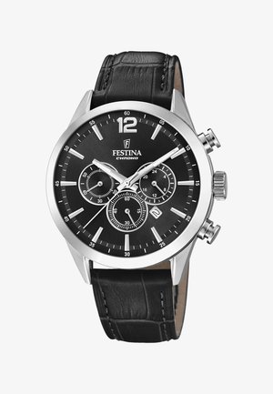 Orologio con cinturino in pelle nera, cassa in acciaio inossidabile argentato, quadrante nero, indici bianchi, sub-quadranti e visualizzazione della data alle 4.