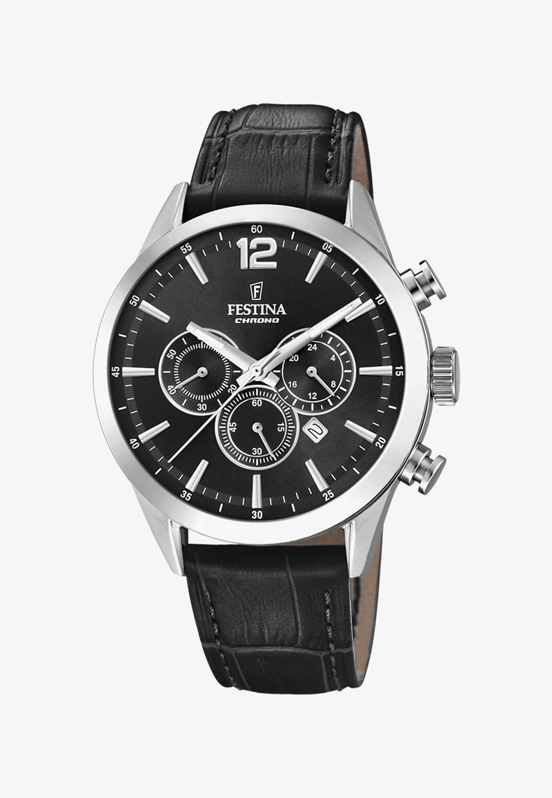 Melna ādas siksna pulkstenis ar sudraba nerūsējošā tērauda korpusu, melnu ciparnīcu, baltām atzīmēm, subciparnīcām un datuma rādītāju plkst. 4.