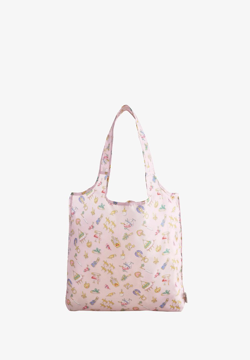 Borsa a tote in tessuto rosa con un motivo di motivi colorati tra cui fiori, maschere e cervi. Presenta due manici robusti.