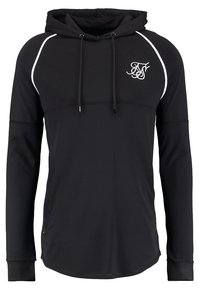 Schwarzer Kapuzenpullover mit langen Ärmeln, versehen mit weißen Akzenten, Kordeln und einem Frontlogo. Aus weichem, dehnbarem Material gefertigt.