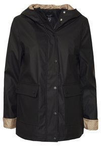 Czarna wodoodporna kurtka z kapturem, z beżową podszewką w kropki i mankietami, z zatrzaskami i kieszeniami z przodu. Gładka faktura.