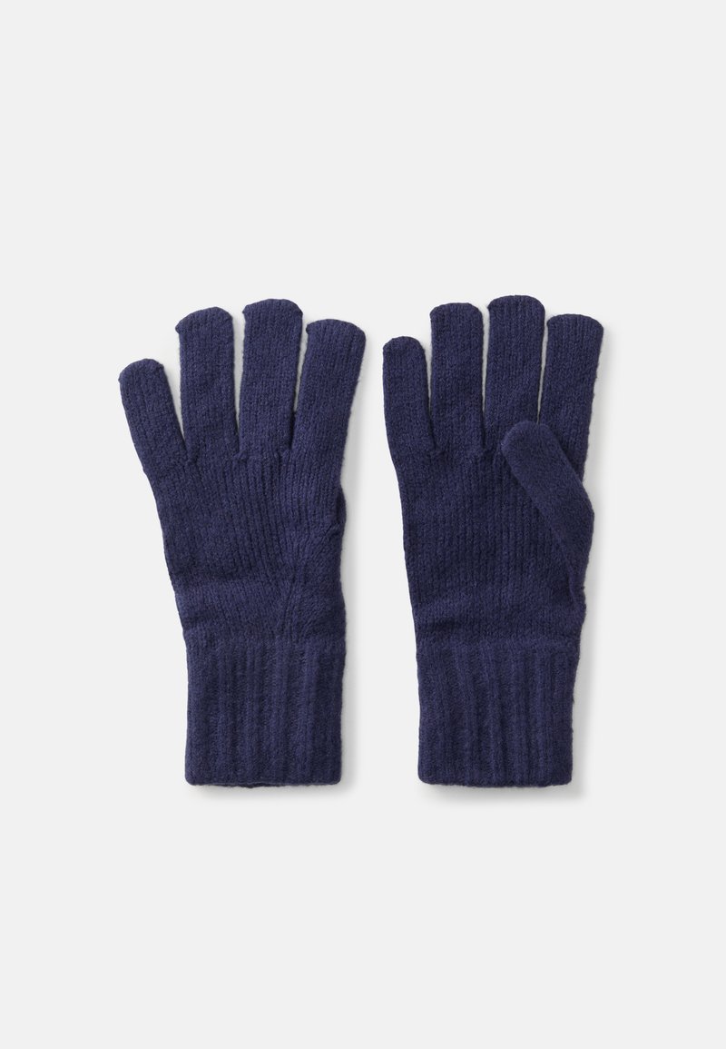 Dark blue knitted gloves with ribbed cuffs, featuring five finger openings and a soft texture, designed for comfort and warmth.